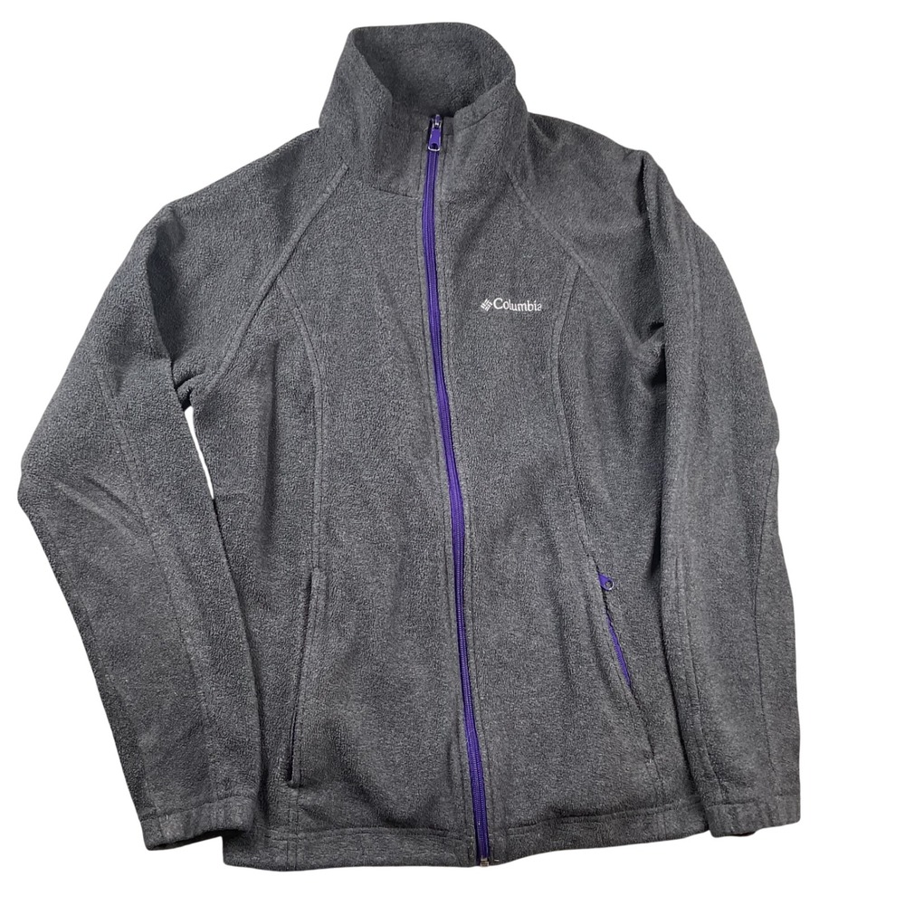 Columbia Fleece Jacket Womens L Gray Purple Full Zip Mock Neck Outdoor Soft